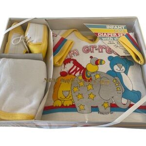 Vintage Babyfair Newborn Gift Set Yellow and White Three Piece Fits to 6 months